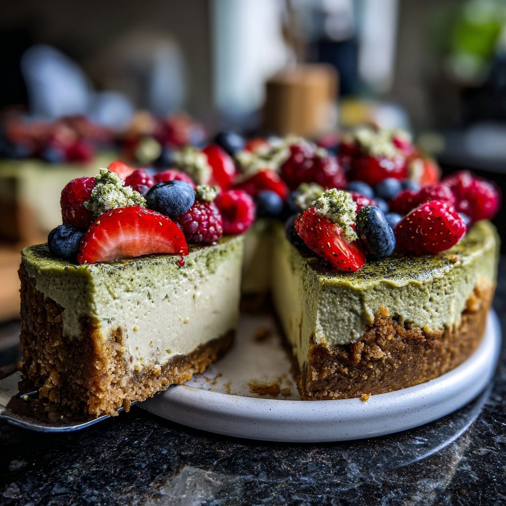 Japanese Matcha Cheesecake with Berries